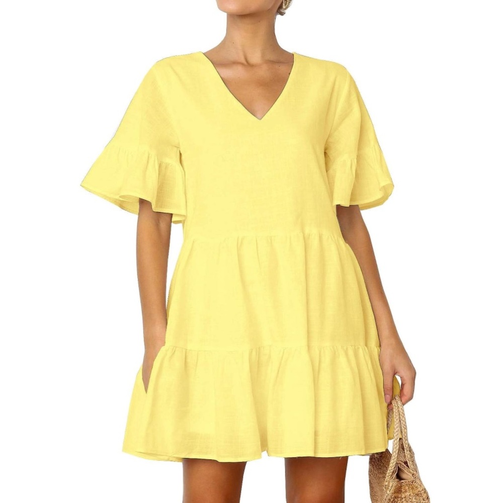 FANCYINN Yellow Short Bell Sleeve V-Neck Dress